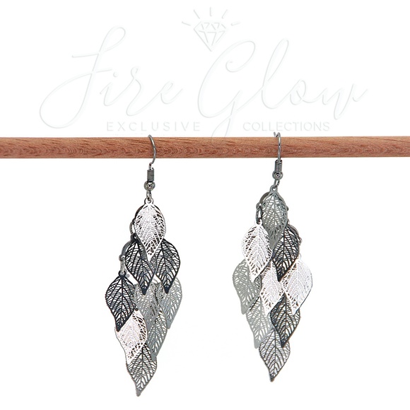 Boho Chic Palladium Tone Filigree Leaf Earrings - Picture 7 of 8